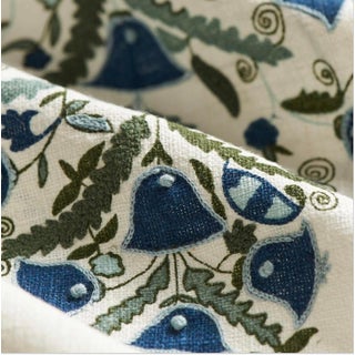 Michelle Nussbaumer Boteh in Aegean for Clarence House Embroidered Linen Fabric - 2 1/2 Yards For Sale