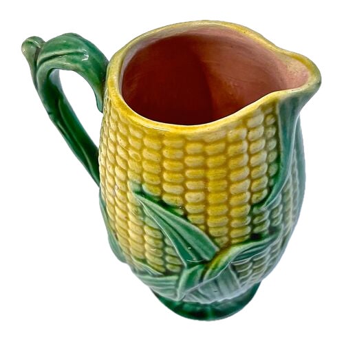 Vintage English majolica corn creamer with handle. No maker's marks.