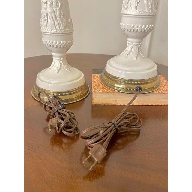 A Pair of Neoclassical Revival Porcelain, Ceramic & Bras Table Lamps For Sale - Image 9 of 12