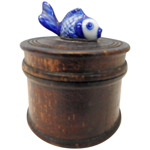Brown Round Wooden Box With Porcelain Koi Fish on Lid For Sale - Image 8 of 8