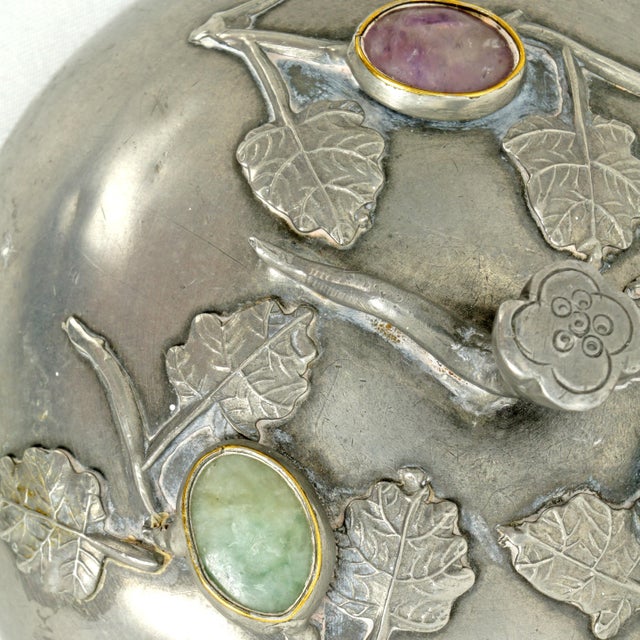 Antique Chinese Pewter Jeweled Lidded Bowl With Gemstones Republic Period For Sale - Image 12 of 13