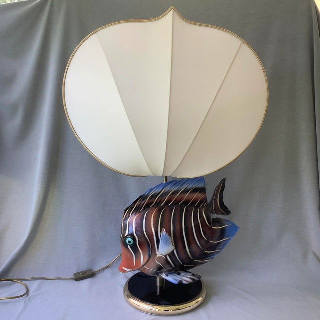 1970s Ceramic Fish Table Lamp With Linen Scallop Shade For Sale - Image 12 of 12