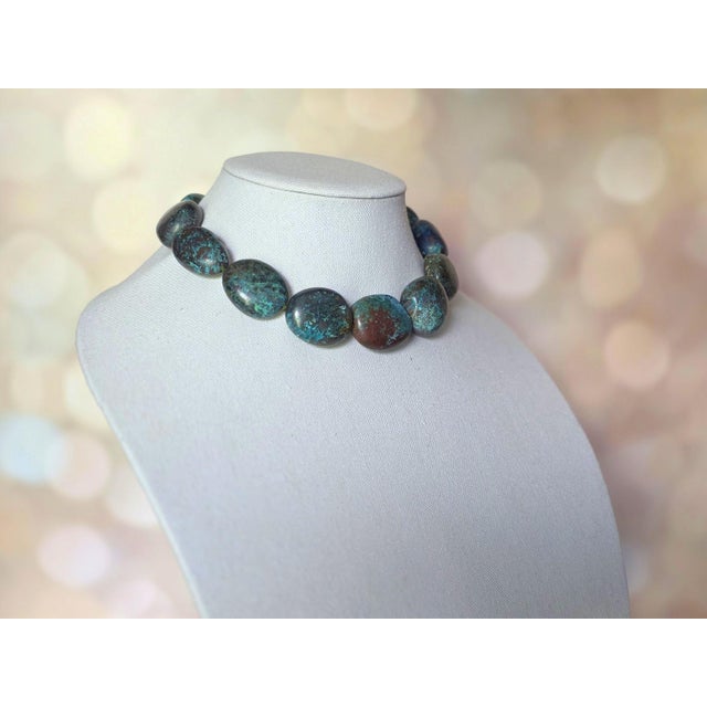 Vintage Arizona Chrysocolla Statement Necklace, Large Natural Gemstone Beads, Sterling Silver Karl Lagerfeld Clasp, Boho Jewelry For Sale In Cleveland - Image 6 of 10