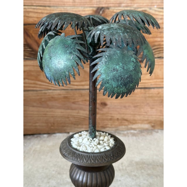 Vintage Verdigris Metal Palm Tree Sculpture in Classical Urn For Sale In Naples, FL - Image 6 of 11