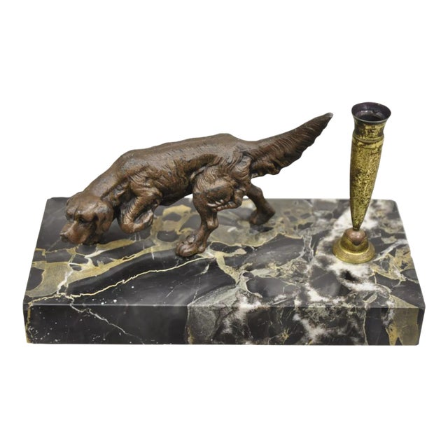 Vintage French Empire Bronze Hunting Dog Marble Base Desk Pen Holder For Sale