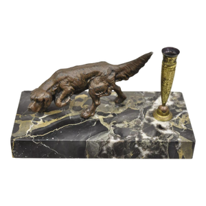 Vintage French Empire Bronze Hunting Dog Marble Base Desk Pen Holder