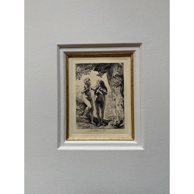 1980s Overview Framed Reproduction Print of the Famous Etching Adam and Eve by the Dutch Master Rembrandt Van Rijn. For Sale - Image 4 of 12