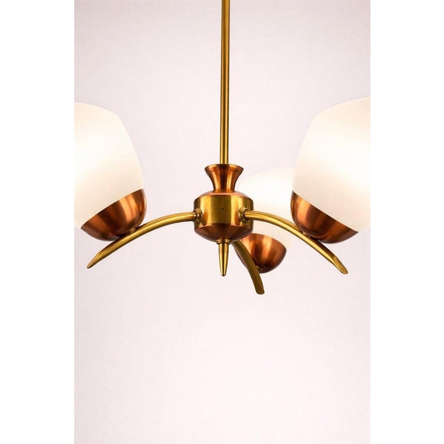 Copper Mid-Century Swedish Brass and Copper Chandelier with Opaline Glass, 1950s For Sale - Image 8 of 9
