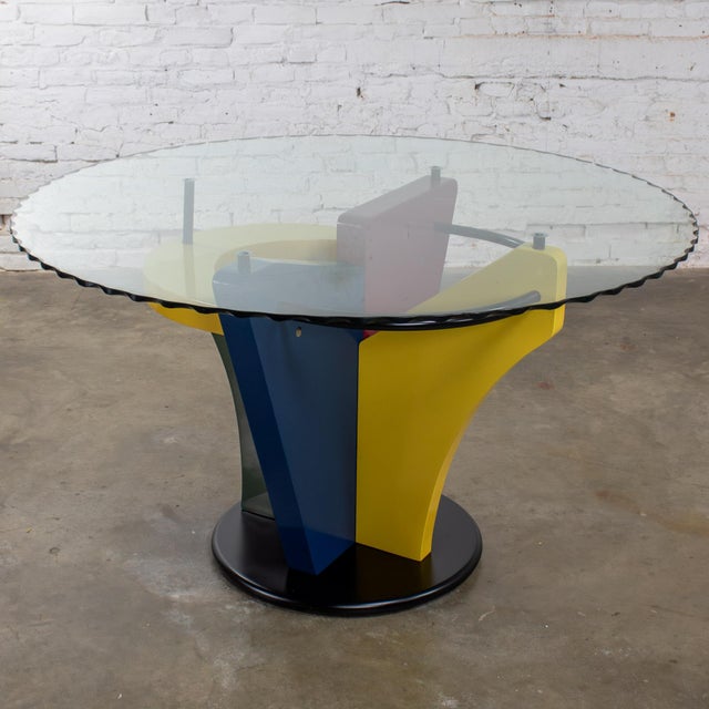 Marvelous vintage Postmodern dining table w/geometrical pedestal base & scalloped edge glass top in the style of the...