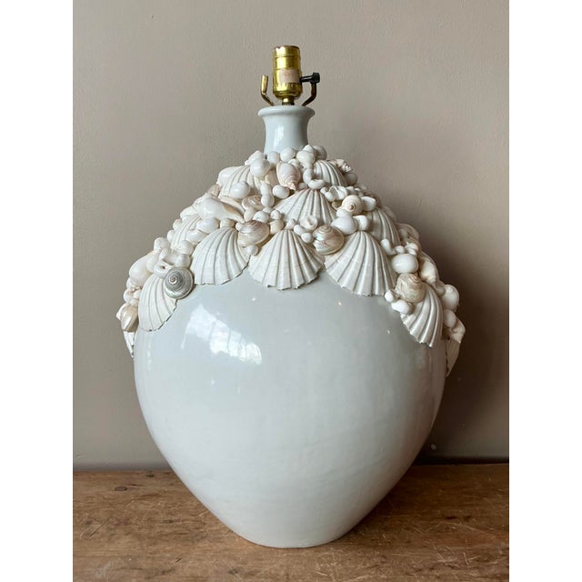 Hollywood Regency Vintage Boho Shell Encrusted Ceramic Lamp For Sale - Image 3 of 6