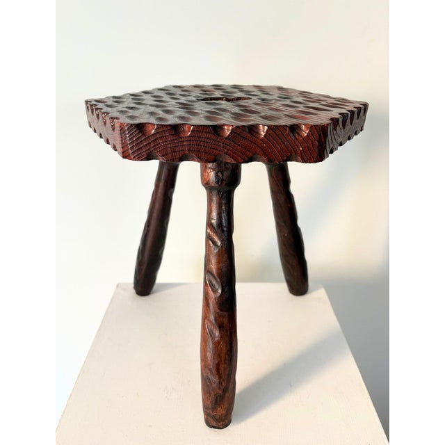 Wood Brutalist Colonial Style Carved Tripod Stool, Spain, 1940s For Sale - Image 7 of 8