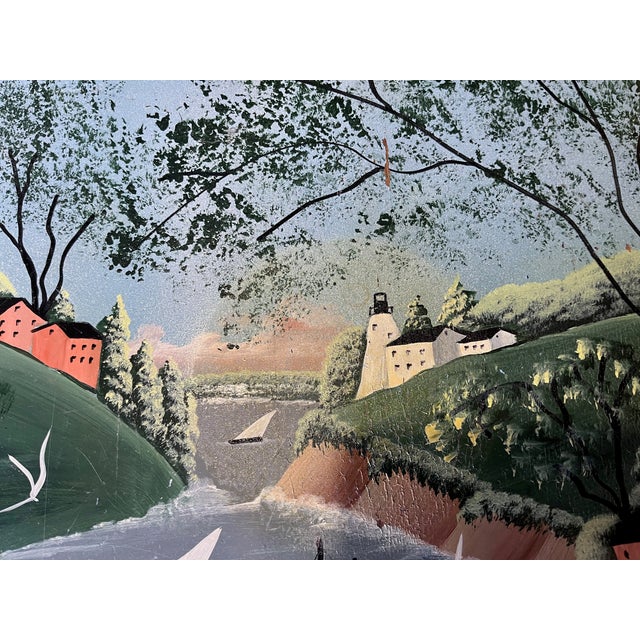 Green Hand Painted Side Table Signed CCM Oil Painted Landscape of Mountain Village & Seascape For Sale - Image 8 of 9