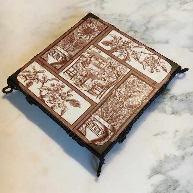 Late 19th Century 1881 Brown Aesthetic Movement Tile / Trivet Tea Party & Flowers by Kate Greenaway For Sale - Image 5 of 6