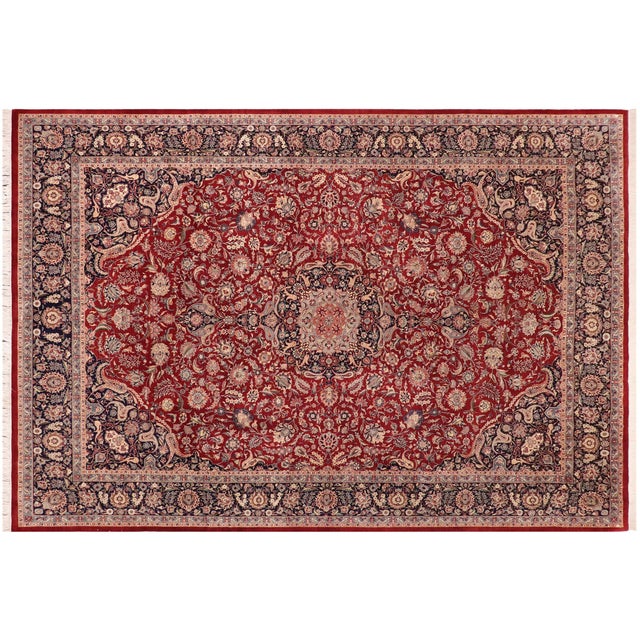 Red Traditional Kazveen Pak-Persian Red/Blue Wool&Silk Rug - 10'1'' X 14'1'' For Sale - Image 8 of 8