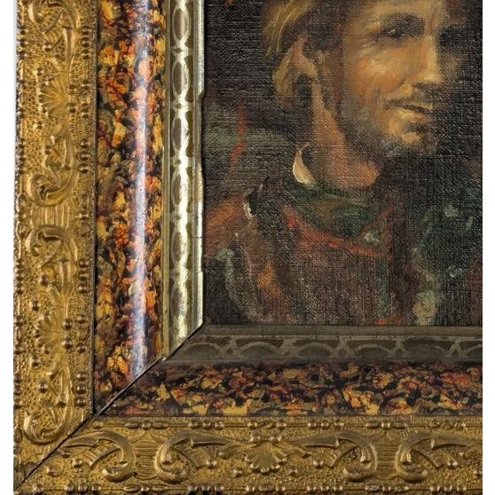 Wood Antique French Style Oil on Canvas Miniature Portrait of a Man in Historical Costume For Sale - Image 7 of 9