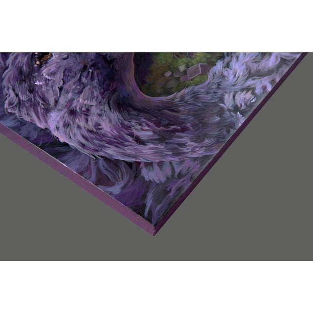 Contemporary Through The Night by Gigi Chen | Acrylic on Wood Panel of a purple bird with a village inside its feathers For Sale - Image 3 of 5