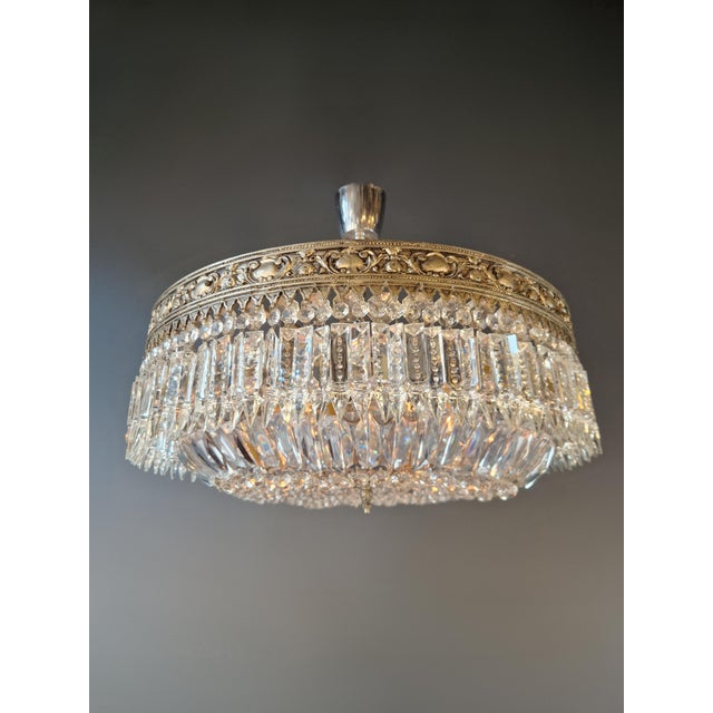 Art Deco Antique Restored Baroque Crystal Plafonnier Brass Ceiling Chandelier For Sale - Image 3 of 13