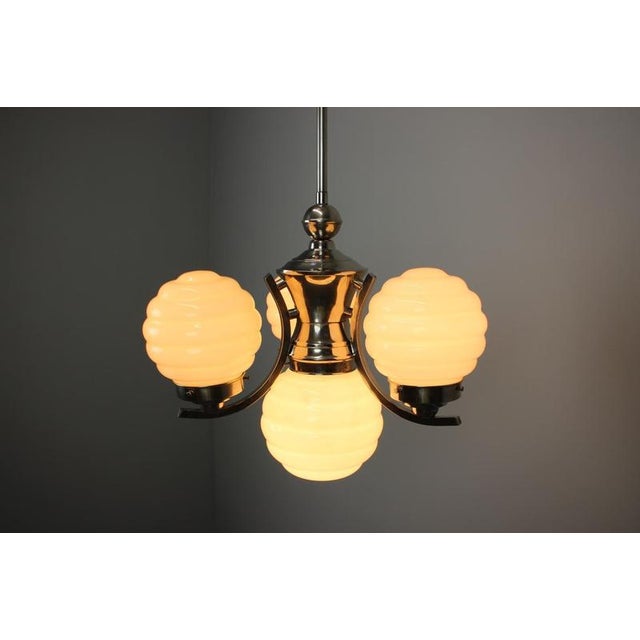 Vintage Art Deco Chrome Chandelier with Champagne Ribbed Glass Globes, 1930s For Sale - Image 14 of 16
