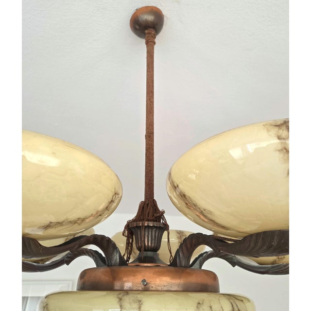 1930s 5-Arm Art Deco Chandelier Marbled Glass Shades Brass Accents, Antique European Lamp For Sale - Image 15 of 16