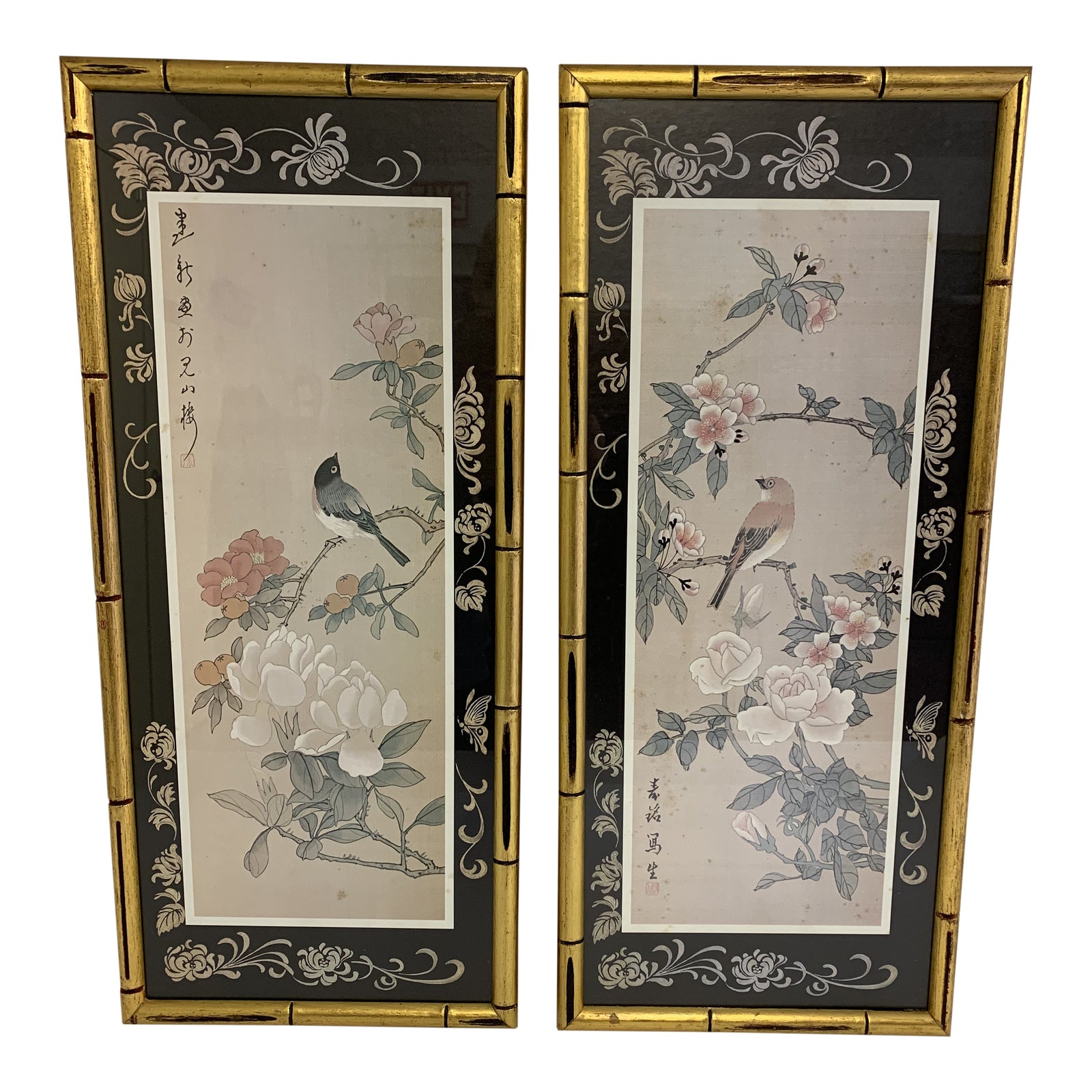 Asian Inspired Lithograph Framed Prints in Gold Bamboo Frames Set of 2 Chairish