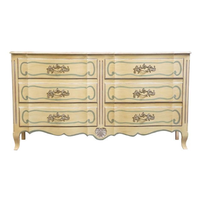 John Widdicomb Country French Provincial Off White Hand Painted 64" Double Dresser For Sale