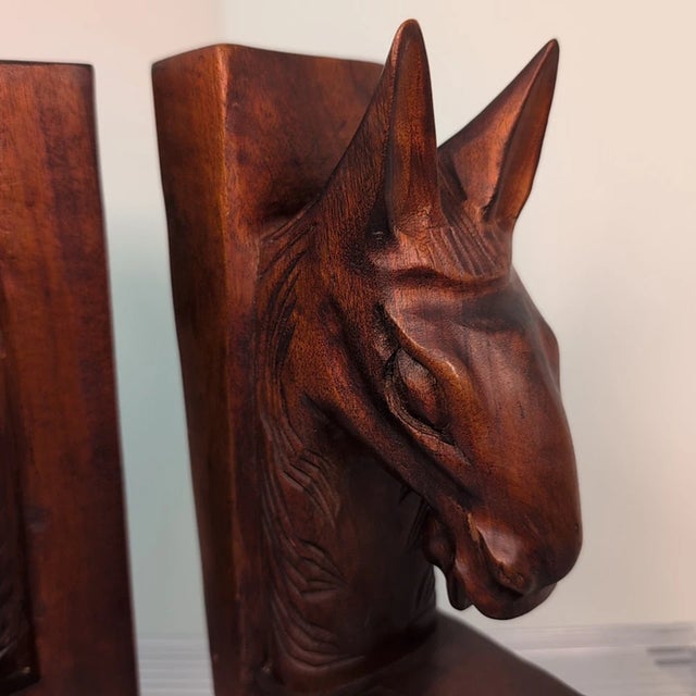 Mid-Century Modern Vintage MCM Hand Carved Wood Horse Head Bookends-Pair For Sale - Image 3 of 7