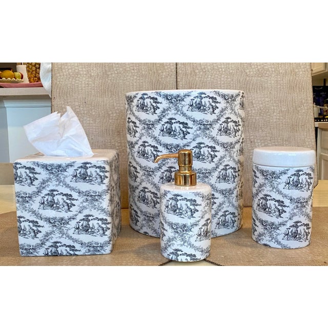 Ceramic 1980s Labrazel Ceramic Bath Set, Black/Cream Toile Made in Italy, Wastebasket, Tissue Holder, Soap Dispenser, Covered Jar - 4 Piece Set For Sale - Image 7 of 8