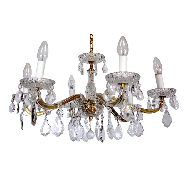 Brass Lead Crystal Chandelier Six Lights from Palwa & Walter, 1960s For Sale