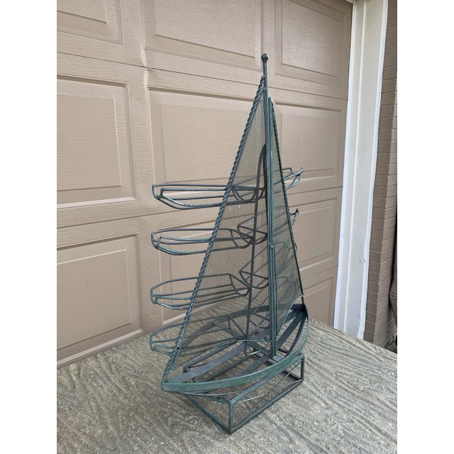 French Country Vintage Nautical Wrought Iron Green Sail Boat Wine Rack For Sale - Image 3 of 10