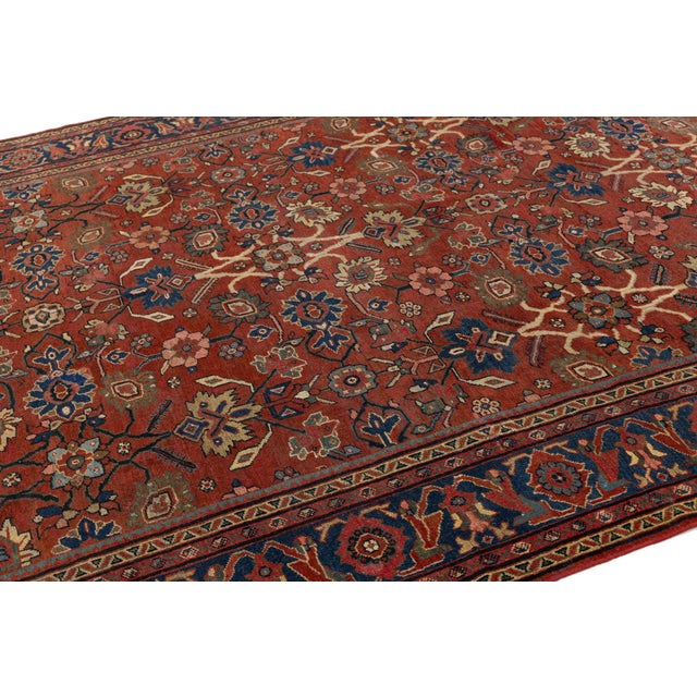 9 X 12 Vintage Mahal Wool Rug - Terracotta and Indigo Floral Medallion Motif For Sale - Image 4 of 10