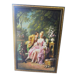 Grand French Rococo-Style Wall Art – Romantic Garden Scene With Ornate Black & Gold Leaf Frame For Sale