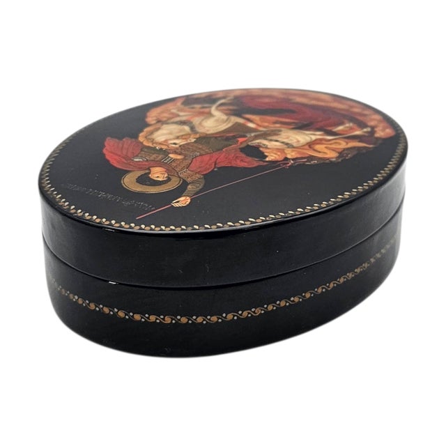 Russian Hand Painted Lacquer Box Depicting St George and the Dragon, 4.5 For Sale - Image 9 of 16