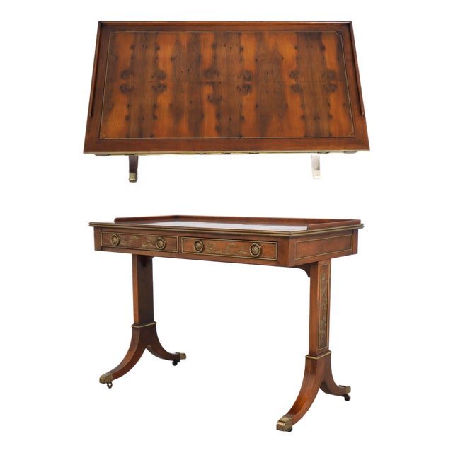 Hekman 2 Drawer Yew Wood & Walnut Library Table For Sale