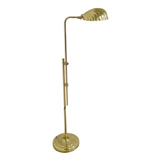 1970's Mid-Century Modern Brass Clamshell Scalloped Adjustable Double Stem Pharmacy Floor Lamp For Sale