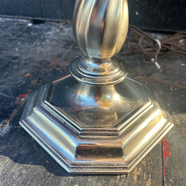 Mid-Century Modern Vintage Stiffel Pewter Barley Twist Candlestick Lamps With Shades - A Pair - Newly Rewired For Sale - Image 3 of 12