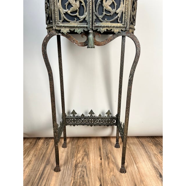 Antique Gothic Revival Cast Iron and Brass Phone Stand Attr. Oscar Bach or Bertram Segar C. 1920 Greenwich Village For Sale - Image 4 of 13