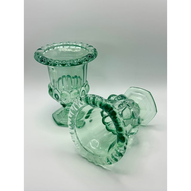 2020s Pair of Vintage Sage Green Pressed Glass Pedestal Urn Vases For Sale - Image 5 of 5