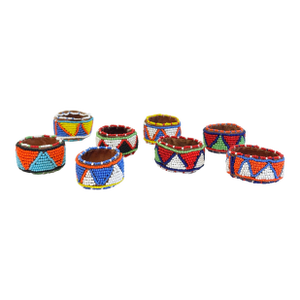 Vintage Patterned Seed Bead on Leather Napkin Rings, Set of 8