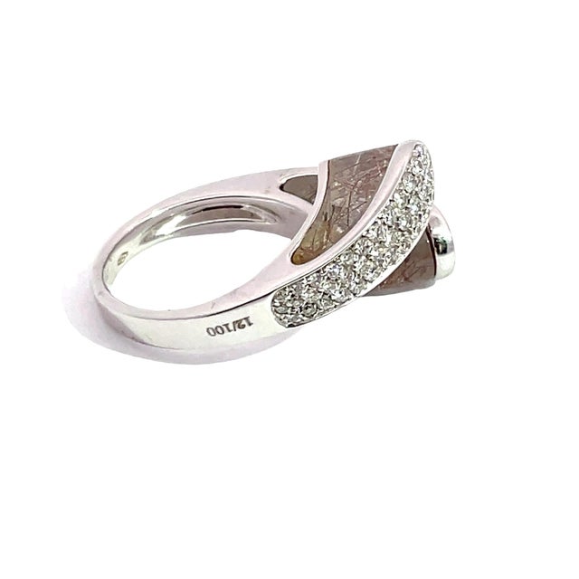 Contemporary 18k White Gold Rutilated Quartz & Pave Diamonds Cuff Design Ring, Size 7. 75 For Sale - Image 3 of 5