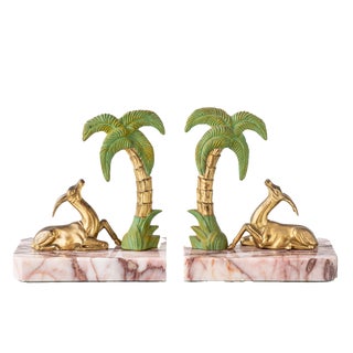Art Deco Marble Gazelle & Palm Bookends, Set of 2 For Sale