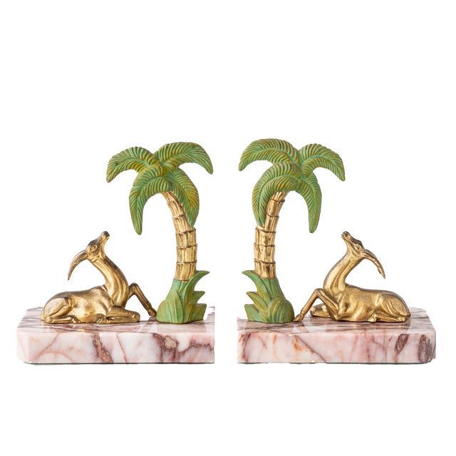 Art Deco Marble Gazelle & Palm Bookends, Set of 2 For Sale