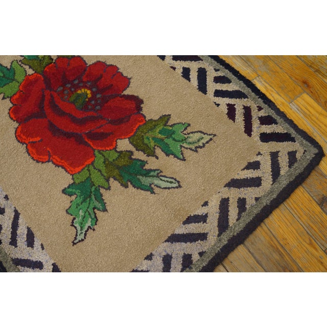 American Appreciable Tan Beige Color and Gray Border With Unique Red Flower Design Antique American Hooked Rug For Sale - Image 3 of 4