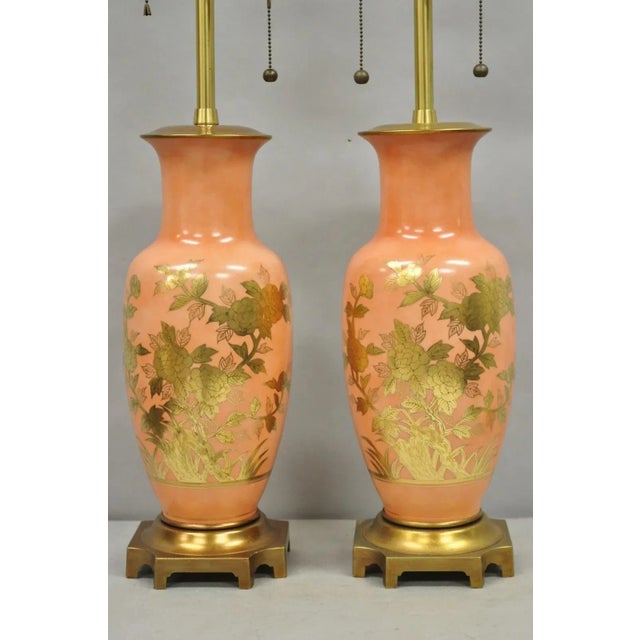 Chinoiserie Vintage Marbro Chinoiserie Salmon Coral Pink Porcelain Table Lamps - A Pair For Sale - Image 3 of 12