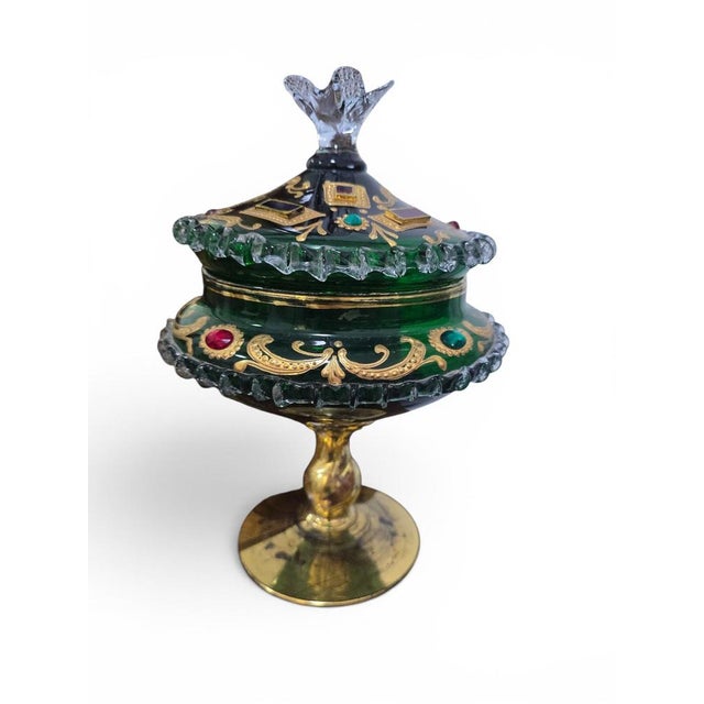 Venetian Emerald Green Glass Covered Bonbonnière with Gilt Decoration and Jewele, 1950 For Sale - Image 12 of 14