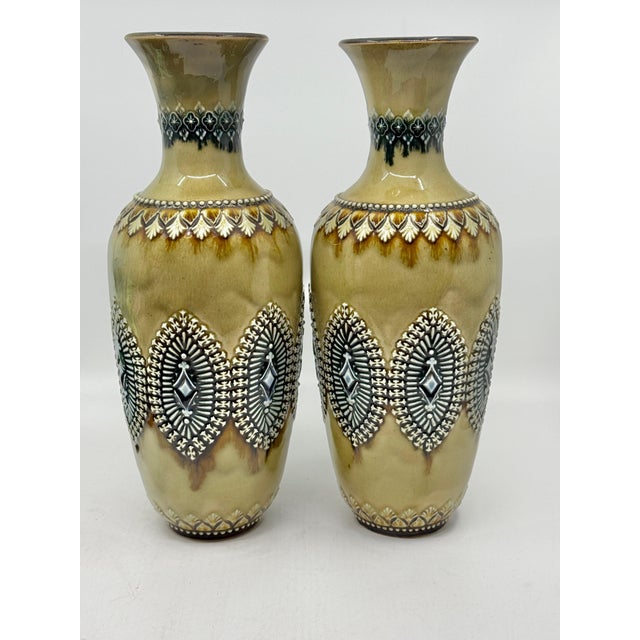 Pair of Doulton Lambeth Salt Glazed Decorated Vases 1884 For Sale - Image 15 of 16
