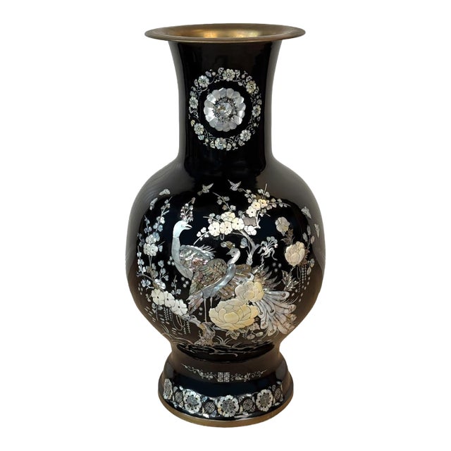 Vintage 28" Chinese Black Enamel Mother of Pearl Peacock Floor Vase For Sale