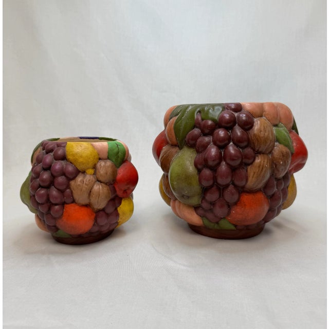 Mid 20th Century Vintage Mid Century Traditional Style Fruit Multicolor Ceramic Vases- A Pair For Sale - Image 5 of 11