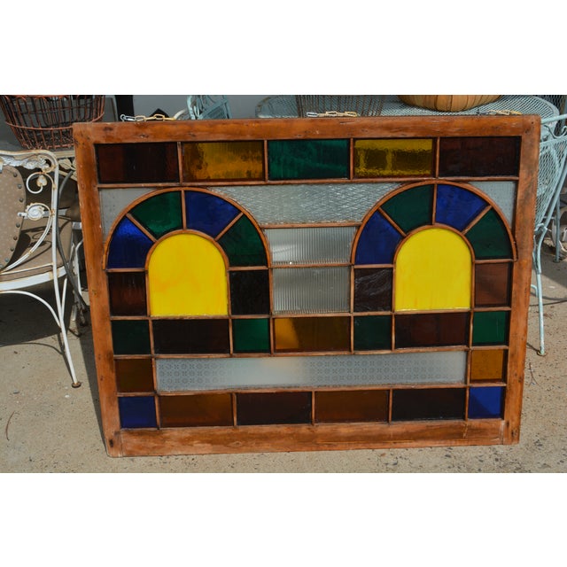 Art / Stained Glass & Wood Window Panel / Color W/ Yellow & Blue Arches in Center For Sale - Image 6 of 17