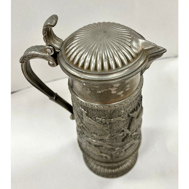 English Vintage Pewter Embossed Hunting Scene Lidded Pitcher For Sale - Image 3 of 11