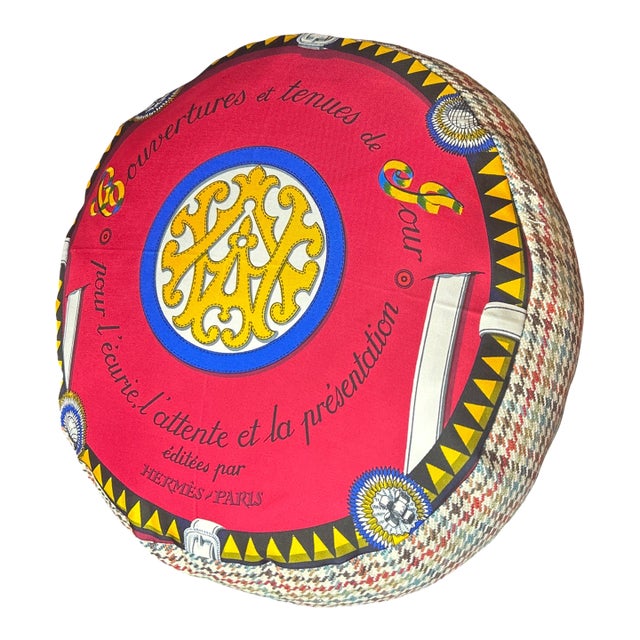 Hermes Couvertures Et Tenues Du Jour Red Vintage Silk Scarf Round Pillow 13" For Sale